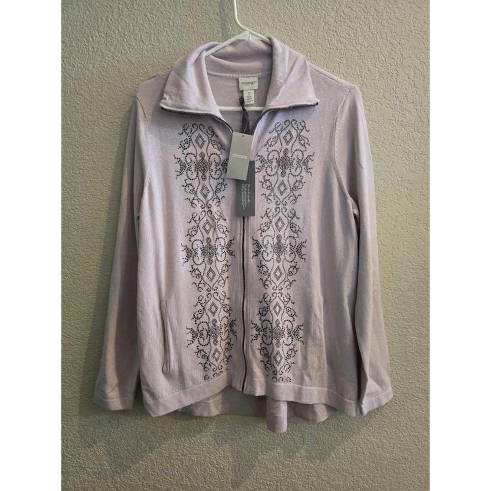 Zenergy by Chico's Light Pink Zip Up Sweater with Black Embellishments